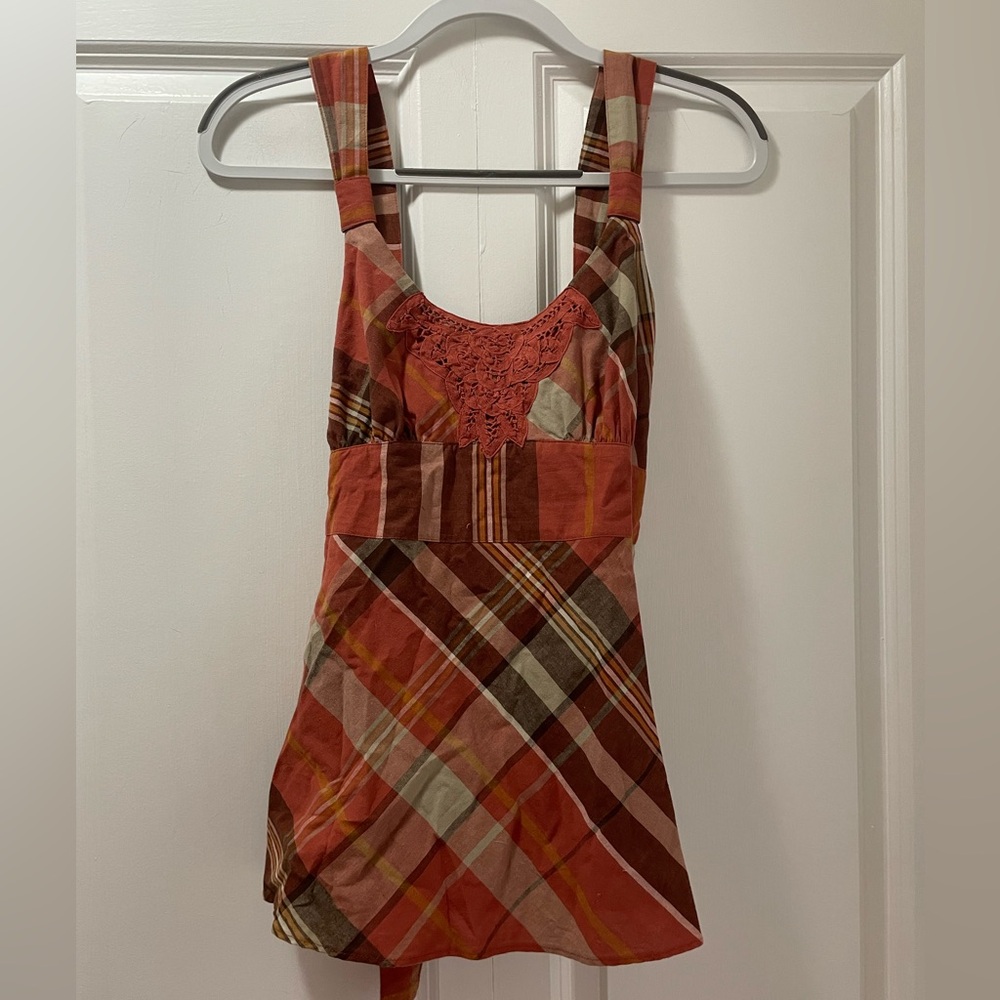 Context Brown Plaid Back Tie 100% Cotton Sleeveless Shirt w/ Side Zip EUC